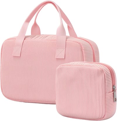 oscaurt Cosmetische tas voor dames, corduroy toilettas, grote make-uptas met vakken, cosmeticatas, toilettas, tas, organizer, roze, Utility