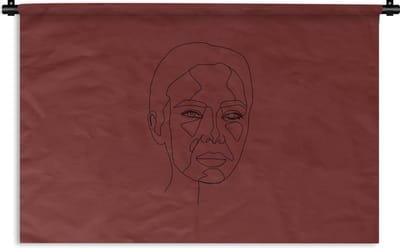 Wandkleed Line-art Vrouwengezicht - 16 - Line-art voorkant vrouwengezicht op een rode achtergrond Wandkleed katoen 90x60 cm - Wandtapijt met foto