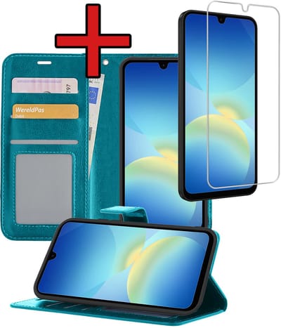 Hoesje - Met Screenprotector - Geschikt voor Samsung Galaxy A26 - Luxe Pasjeshouder - Flipcase - Bookcase Portemonee - Flip Case - Kunstleer Book Case - Book Cover - Walletcase - Portemonneehoes - Telefoonhoes - Turquoise