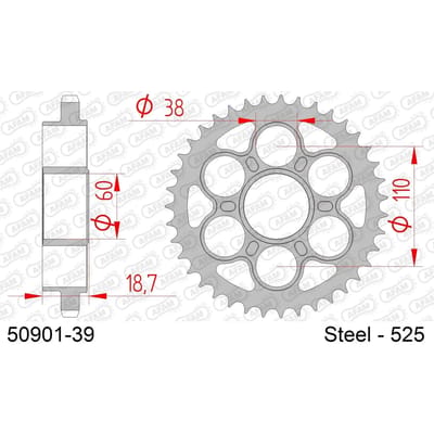 Stalen motortandwiel achteraan Afam 525 39 dents