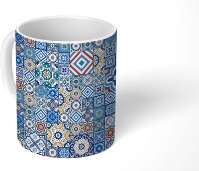 Mok - Koffiemok - Patronen - Bloemen - Blauw - Vormen - Mokken - 350 ML - Beker - Koffiemokken - Theemok
