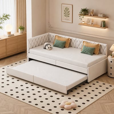 Tweepersoonsbed, 90 x 200 cm, uitschuifbare slaapbank, slaapbank, uittrekbaar bed, 2 eenpersoonsbedden, lattenbodem, Flanellen Stof, Beige (klassiek crème)