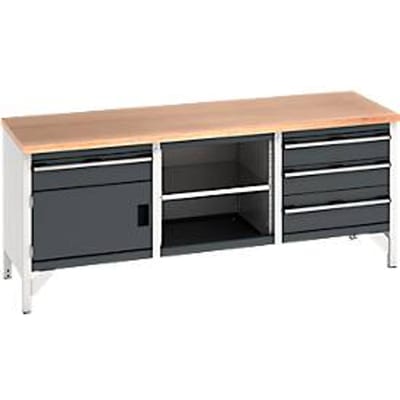 Bott cubio box-type werkbank met 4 laden, beuken multiplex blad, B 2000 x D 750 x H 840 mm, lichtgrijs/antraciet