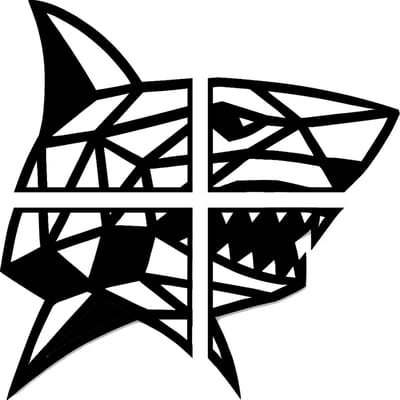 Haai geometrische line-art wanddecoratie – dierenkop wandbord – groot 76×76 cm – 4-delig – populierenhout zwart