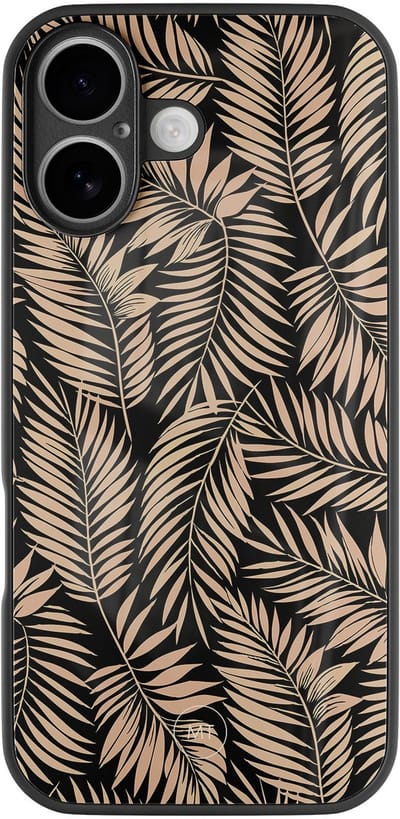 Hoesje geschikt voor iPhone 16 - Palm silhouette - Luxe Hard Case - Natuur - Zwart, Bruin - Mooie Telefoonhoesjes