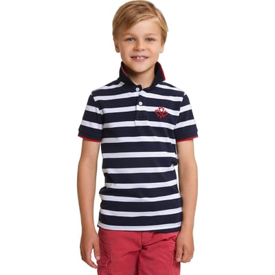 River Woods Custom Fit Sporty Striped Polo Navy Size: 6 | Shirts Outlet | Unisex | Blauw