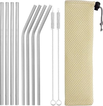 Fako Bijoux® - RVS Rietjes Set -8 Herbruikbare Rietjes - 4 Recht en 4 Gebogen - 21 cm - Stijlvol - Incl 2 Schoonmaakborstels en Mesh Zakje - Crème