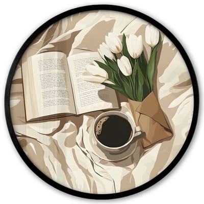 Poster in lijst Rond - Fotolijst 40x40 cm - Posters - Boek - Illustratie - Tulpen - Koffie - Ronde posterlijst zwart - Decoratie - Wanddecoratie woonkamer - Muurdecoratie slaapkamer