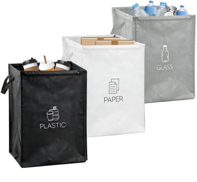 Afvalscheidingssysteem 3-delig - Recyclingbakken voor kunststof/papier/glas - 36 liter capaciteit - Duurzaam polypropyleen - Handgreep met 20 kg belastbaarheid - Inclusief 12 steunstaven - Recyclingbak