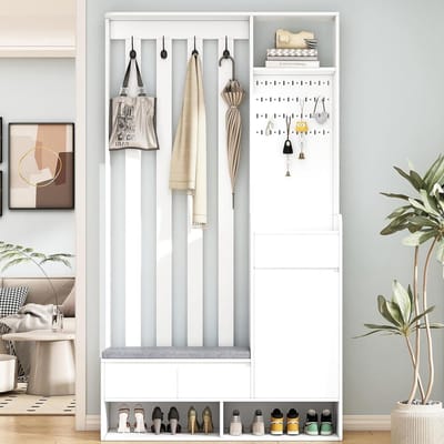 Garderobeset met Zitbank - Halmeubel Set - Entree Organiseren - 6-in-1 Design - 100 x 35 x 180 cm - Wit