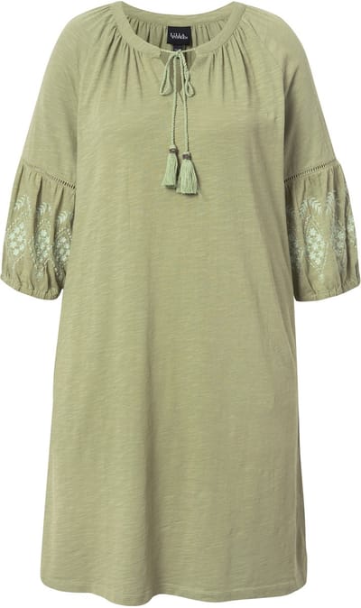 Ulla Popken - Dames - Jersey jurk borduursel A-lijn tuniekhals 3/4-mouwen - Vijvergroen - Maat 42+