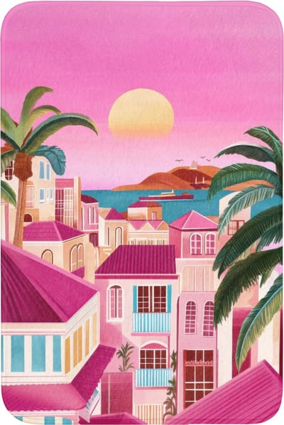 Badmat 60x90 cm - Antislip - Stad - Roze - Palmbomen - Badmatten voor badkamer - Badkamermat - Douchemat - Badkamer mat