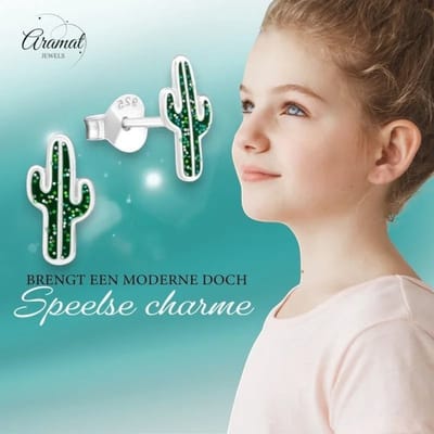 Aramat Jewels | Oorbellen | Zilveren Kinder Cactus Oorbellen Groen Emaille – 8x7mm 925 Zilver | | | |8mm | Zilver | Kinderen, Volwassenen | Verkleurd niet
