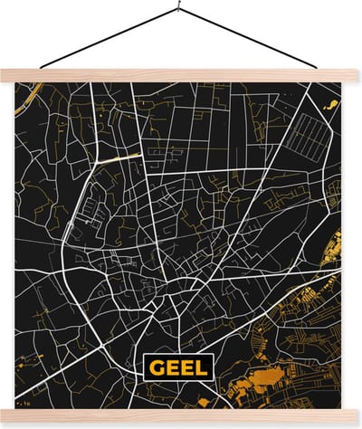 Posterhanger incl. Poster 40x40 cm - Schoolplaat - Stadskaart - Geel - Kaart - Plattegrond - Goud - Textielposter - Blanke latten - Stadskaart