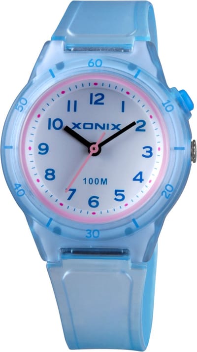 Xonix ABU-001 - Horloge - Polshorloge - Analoog - Kinderen - Unisex - Siliconen band - Rond - Kunststof/ABS - Cijfers - LichtBlauw/Transparant - Roze/Transparant - Wit - Waterdicht