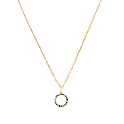New Bling 9NBG-0597 Gouden Ketting met Hanger Cirkel met Multikleuren Zirkonia Steentjes - 13mm Doorsnee - Ankerschakel - 39+3+3cm - 0,8mm Dikte - 14 Karaat - Goud