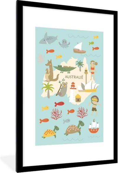 Wereldkaart Kinderen - Australië - Dieren - Schoolplaat - Kinderkamer - 60x90 cm