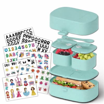 Famanu - Bento Box voor kinderen, inclusief 216-delige stickerset, BPA-vrij, lekvrije lunchbox met bestek en vakken, duurzame broodtrommel zonder schadelijke stoffen voor school en onderweg (blauw)