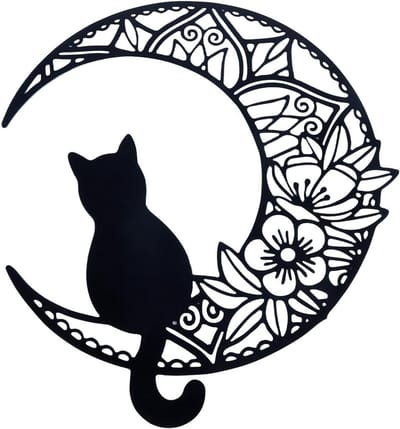 Decoratieve Maan Wanddecoratie met Zwarte Kat - 30 cm Hangend Ornament voor Slaapkamer, Keuken en Tuin