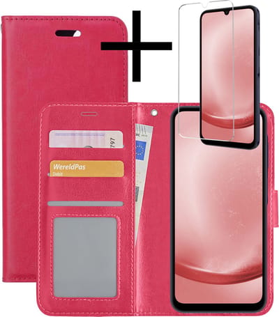 Hoesje - Met Screenprotector - Geschikt voor Samsung Galaxy A25 - Luxe Pasjeshouder - Bookcase Portemonee - Flip Case - Kunstleer Book Case - Flipcase - Book Cover - Walletcase - Portemonneehoes - Donkerroze