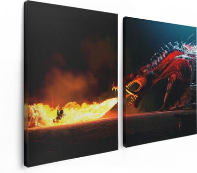 Artaza Canvas Schilderij Tweeluik Draak Spuwt Vuur op een Paard en Knecht - 120x80 - Foto Op Canvas - Canvas Print