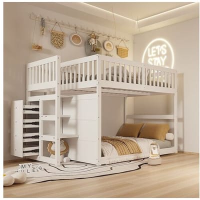Merax Stapelbedden 2 x 140 x 200 cm met 4 lades en trap - grenenhout + MDF - wit (zonder matras)