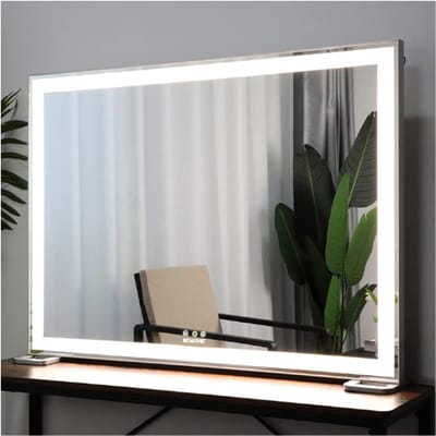 Grote Make-up Spiegel met Verlichting - Verlicht Tafelblad/Muur - Hollywood Make-up Spiegel voor Slaapkamer en Badkamer - 3 Kleurmodi met Dimmer - L 36,2 x H 26,20 cm - Zilver