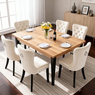 uluomis Eetkamerstoel - Set Van 6 - Beige - Fluweel - Velvet - Massief houten poten - Stoel