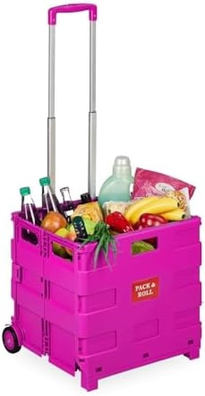 boodschappentrolley, 2 wieltjes, telescopische handgreep, tot 35 kg, opvouwbaar, boodschappenkar, roze