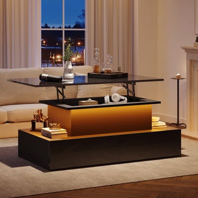 BLACKCOLORS Moderne zwarte hoogglans salontafel met ledverlichting en 4 lades – stijlvolle bijzettafel 90x55x41 cm met opbergruimte voor maximaal 30 kg