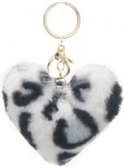 Sleutelhanger fluffy hart - Panter - 9x10 cm - wit, grijs, zwart. Leuk om zo te geven of om bij een cadeau te voegen. Voor uzelf of Bestel Een Kado.