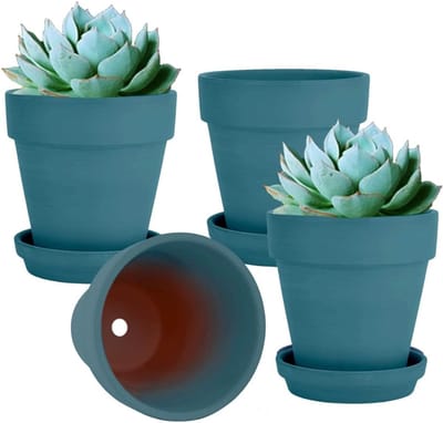 Famanu – Set van 4 middelgrote terracotta kleipotten van 15 cm met schotel, voor binnen en buitenplanten