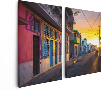 Artaza Canvas Schilderij Tweeluik Cuba Kleurrijke Huisjes bij Zonsondergang - 80x60 - Foto Op Canvas - Canvas Print