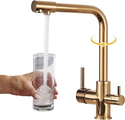 3 Weg Keukenkraan, 360° Draaibare Kraan Keuken, 3 in 1 Mengkraan voor Waterfilter, Gootsteenkraan van Roestvrij Staal, Drinkwaterkraan met 2 Hendels,geborsteld goud