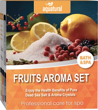 Aquatural Fruits Aroma Set - Badzout met Fruit Aroma's & Dode Zeezout - Sinaasappel, Citroen, Bessen