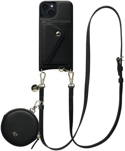 AVY Leren Hoesje geschikt voor Apple iPhone 14 / 13 | Met Koord, Wallet en Pouch | Compatibel met MagSafe | Leather Case met 130CM Koord | Long Leather | Zwart