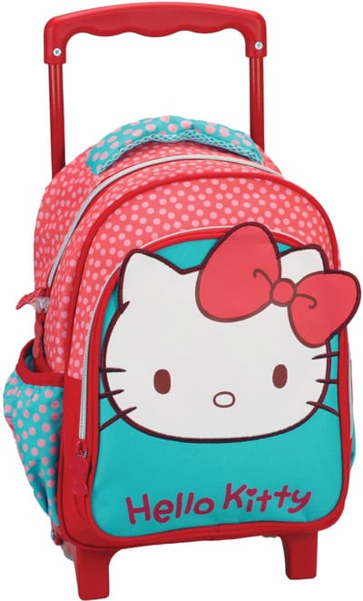 Hello Kitty Trolley Rugzak - 30 x 25 x 15 cm - Schooltas met wielen - 1 stuk - Voor kinderen - Voor meisjes - Rood - Blauw
