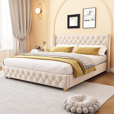 Tweepersoonsbed 160x200 cm Lichtbeige Gestoffeerd met Gevoerd Hoofdeinde en Lattenbodem
