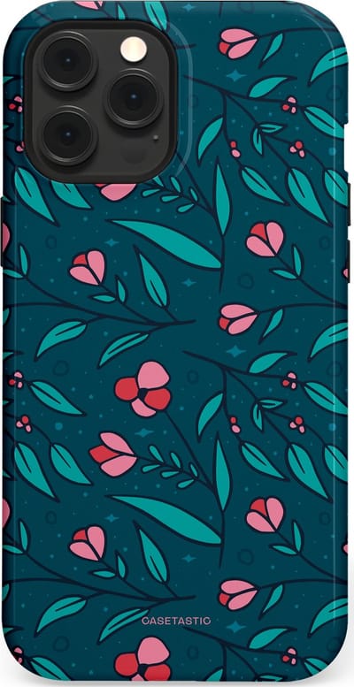 Casetastic hoesje geschikt voor Apple iPhone 12 Pro Max - MagSafe - Dubbellaagse bescherming - Blauwe Groene Bloemenpracht - Fashion Case - Petrol Donkergrijs