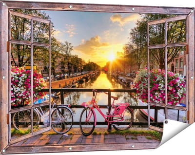 Gards Tuinposter Doorkijk Amsterdamse Brug met Zonsopgang - 120x80 cm - Tuindoek - Tuindecoratie - Wanddecoratie buiten - Tuinschilderij