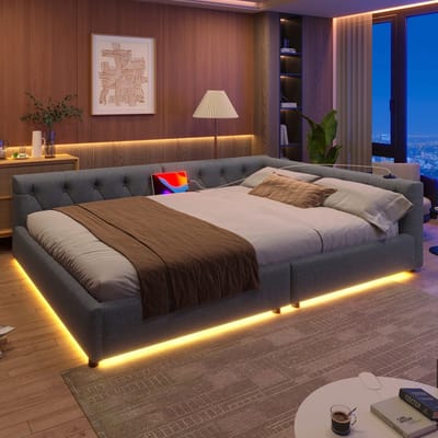 Sweiko Slaapbank - 140x200 cm - LED-verlichting - Gestoffeerd bed - USB+Type-C - Linnen - Grijs