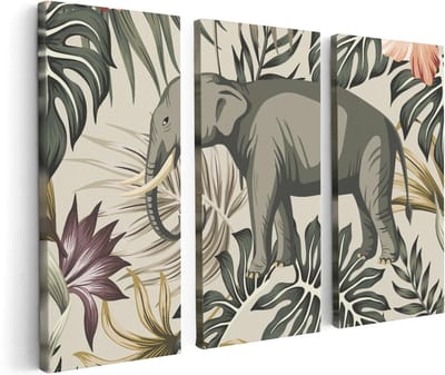 Artaza Canvas Schilderij Drieluik Tropisch Getekende Olifant - Abstract - 120x80 - Foto Op Canvas - Canvas Print