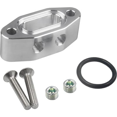 Plaque d'adaptateur de ligne d'alimentation en huile LS TWIN TURBO DUAL 90 degrés 18 ''NPT LS1 LSX kit Port LS3 à angle droit argenté