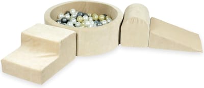 Speelset van schuimrubber met rond zwembad van 90x30 cm, fluweelzacht beige, inclusief 200 ballen in de kleuren lichtgoud, zilver, parelmoer en transparant.
