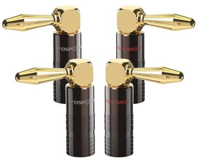 Banana Plugs 2 Pairs | 90 Graden Goud Geplateerd voor Sprekers | Ideaal voor Compacte Ruimtes en Moeilijke Hoeken