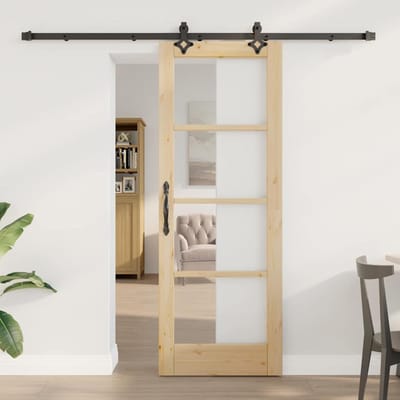 vidaXL - Schuifdeur - Naturel - 73,5 - x - 198,5 - cm - Massief - grenenhout - en - glas