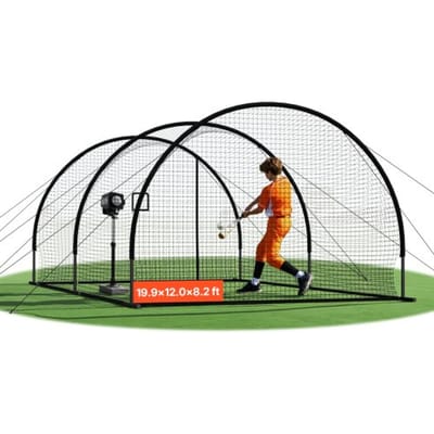 VEVOR honkbal slagkooi (halfrond) net 606x366x250 cm, trainingsnet met 30-laags en geknoopt HDPE-doek en opening voor werpmachines, incl. softbal trainingskooi net
