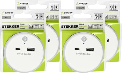 Benson LED nachtlampje - 4x - draadloos - met USB A en C - warm wit - dag/nacht + PIR sensor