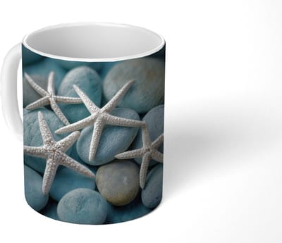 Mok - Koffiemok - Zeesterren - Stenen - Wit - Mokken - 350 ML - Beker - Koffiemokken - Theemok