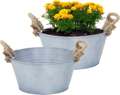Mega Collections Teil/plantenpot/bloempot Old Rope - 2x - zink - zilver - D26 X H12.5 cm